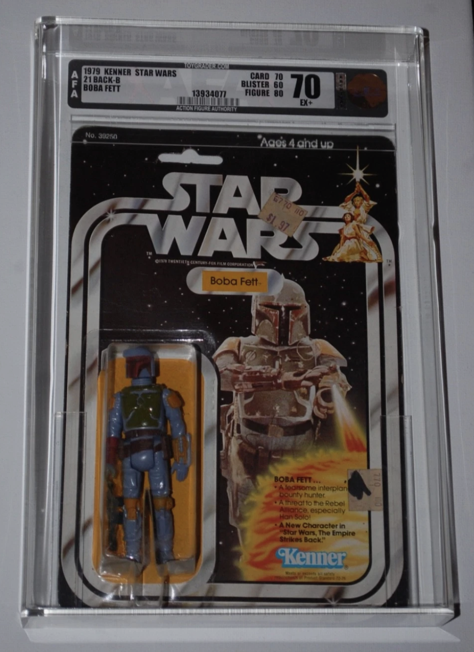 1979 Kenner Star Wars Boba Fett, 21 Back-B, in its pictured AFA 70 case